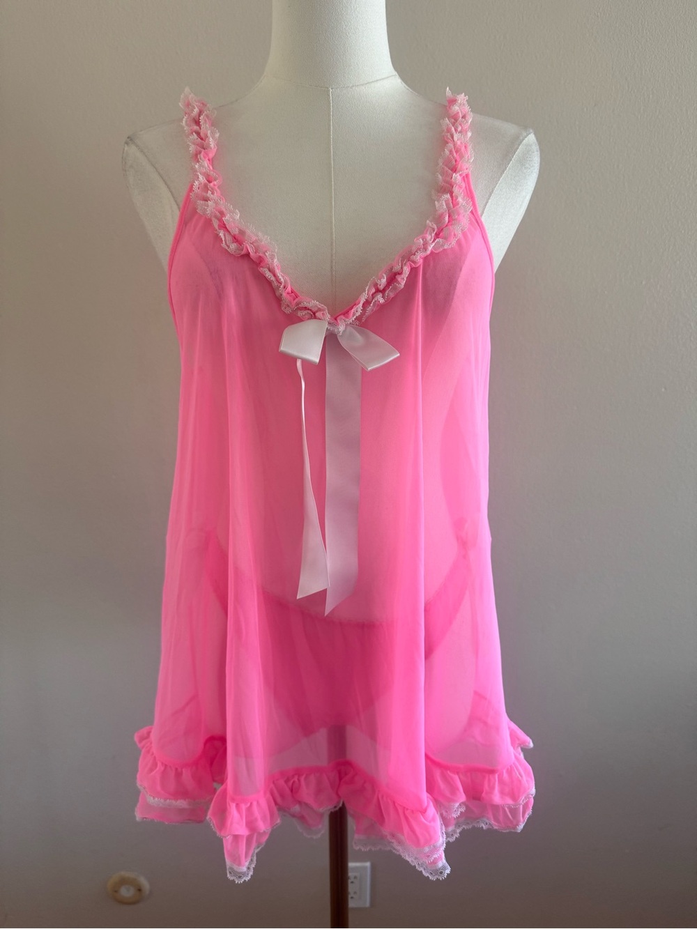 Vintage Y2K Victoria's Secret Neon Pink Sheer Ruffle Babydoll with Satin Bow